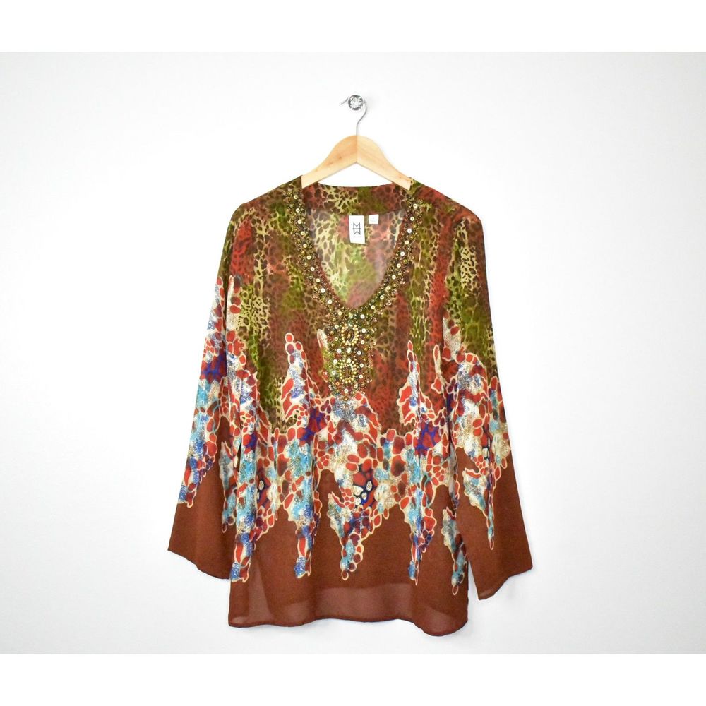 Marc Bouwer Beaded Animal Print Long Sleeve‎ Tunic Top L Sheer Boho Mob Wife